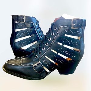 COACH Paisley Studded Cutout Leather Ankle Boots